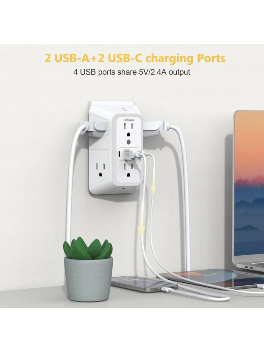 6-Outlet Power Plug Adapter with 4 USB Ports & Night Light - Travel & Home Use